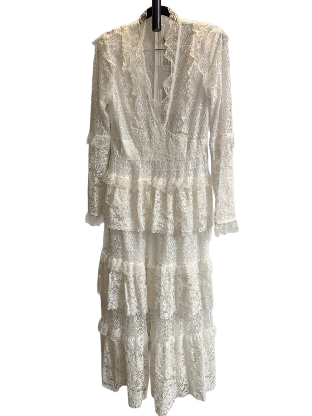 White Lace Tiered Maxi Dress with Ruffle V-Neck